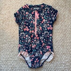 Ruffle Butts Navy Floral One-Piece Swim - Pink Accent